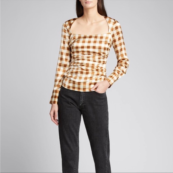 GANNI Silk Check Draped Blouse 10 - Picture 3 of 10